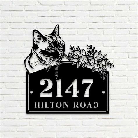 Personalized Cat With Flower Address Sign House Number Plaque Custom