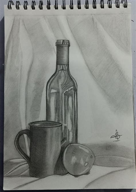 realistic  life drawing   apple  bottle  life