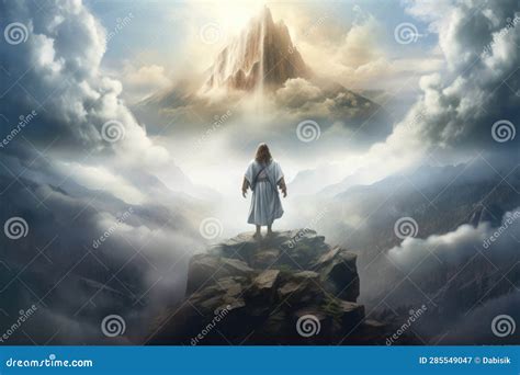 Jesus Christ Stand On Mountain In Heaven Generative Ai Stock