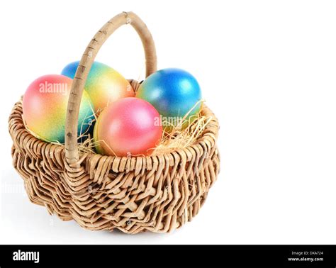 Colorful Painted Easter Eggs In Wicker Basket Stock Photo Alamy