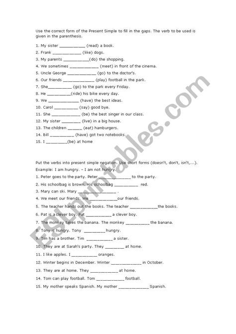 Present Simple Affirmative Negative Interrogative Esl Worksheet