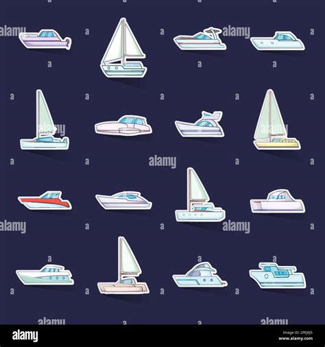 Yachts Icons Set Stikers Collection Vector With Shadow On Purple