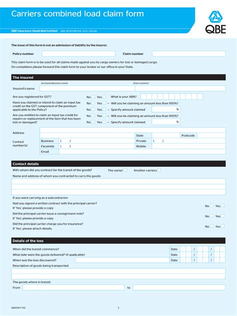 Fillable Online Carriers Combined Load Claim Form Qbe Insurance