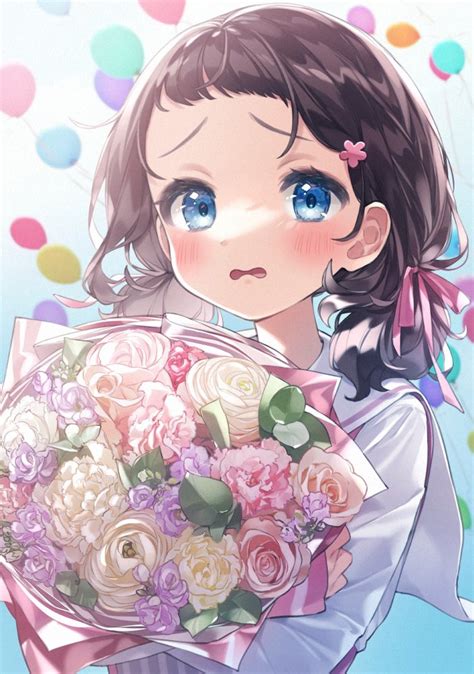 Safebooru 1girl Balloon Black Hair Blue Eyes Blush Bouquet Brown Hair