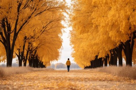 Premium Ai Image A Person Walking Down A Path Lined With Yellow Trees