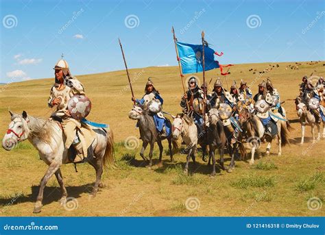 Mongolian Horse Riders Take Part In The Traditional Historical Show Of