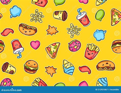 Seamless Pattern With Cute Kawaii Fast Food Meal Stock Vector