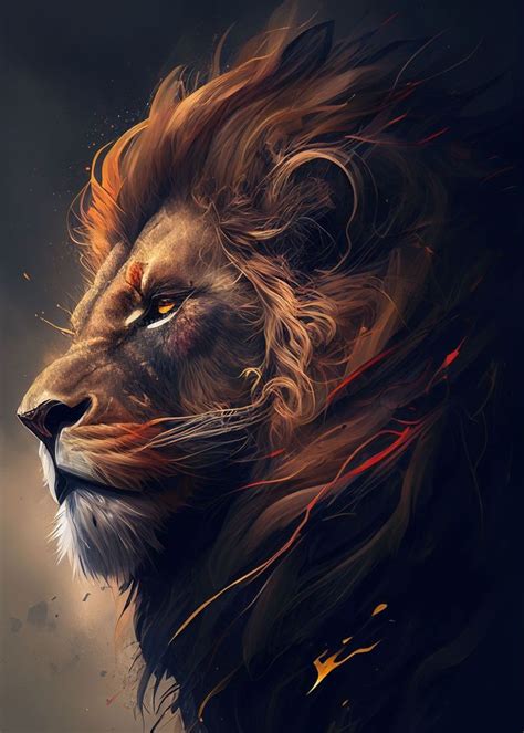 a painting of a lion's head with its eyes closed and hair blowing in ...