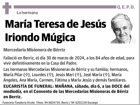 María Teresa de Jesús Iriondo Múgica Esquela El Correo