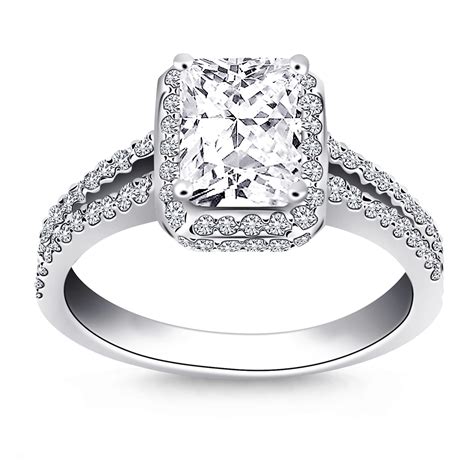 Emerald Cut Diamond Halo Split Shank Engagement Ring Mounting In K