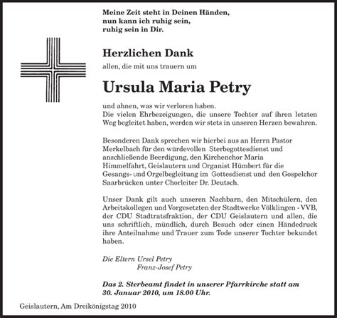 Traueranzeigen Von Ursula Maria Petry Saarbruecker Zeitung Trauer De