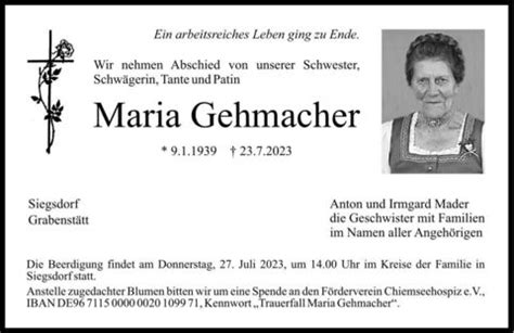 Trauer Gemacher Maria Ta Anzeigen Traunsteiner Tagblatt