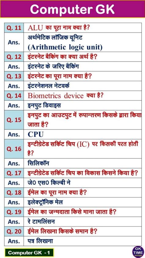 500 Computer GK Question And Answer In Hindi PDF GK Time Hindi