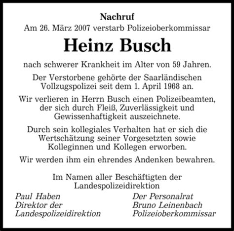 Traueranzeigen Von Heinz Busch Saarbruecker Zeitung Trauer De