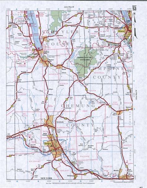 Image map of Chemung County, New York state. Detailed map of Chemung