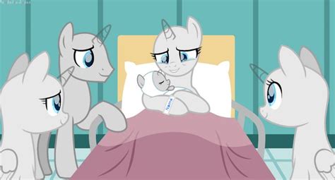 Three Little Ponys Standing Around A Bed With A Baby In Its Lap