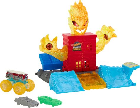 Hot Wheels Monster Trucks Toy Playset Use The Scale Alarm Firetruck To Battle The Fire