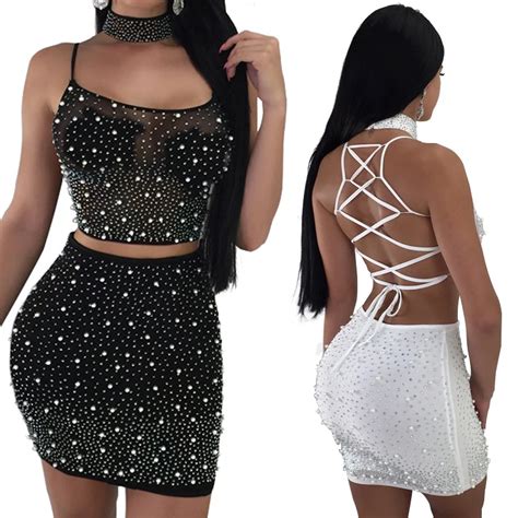 Rhinestone Two Piece Dresses Women Back Criss Cross Crop Top And Mini Skirt Set Sparkly Party