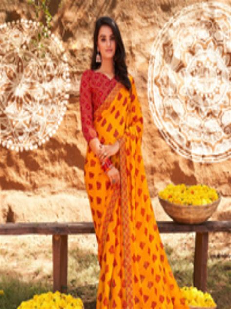 Buy Shaily Yellow Red Ethnic Motifs Pure Chiffon Saree Sarees For