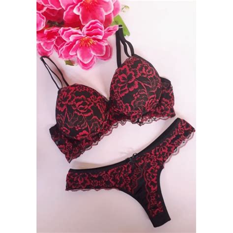 Conjunto De Lingerie Preto Vermelho Shopee Brasil