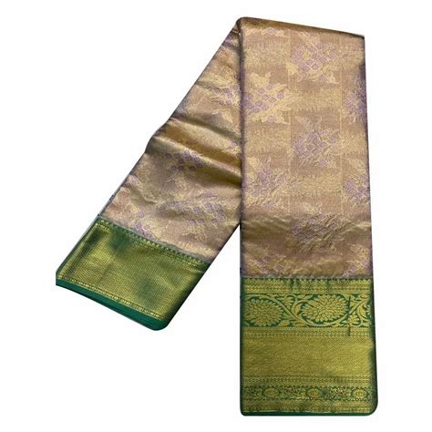 Printed Golden Green Pure Kanchipuram Silk Saree 6 M With Blouse