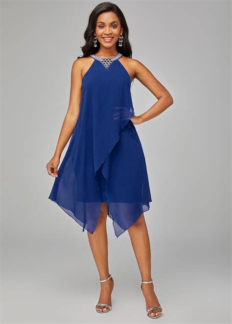 Blue Chiffon Overlay Embellished Neck Dress Rosewe Usd