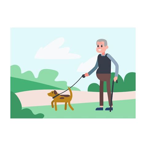 Premium Vector | Cheerful cartoon character of old man walking with dog ...