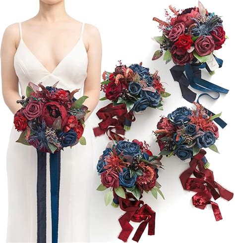 Amazon Ling S Moment Burgundy And Navy Blue Bridesmaid Bouquet Set