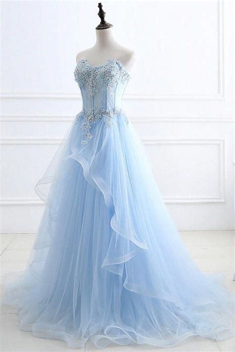 Ice Blue Tulle Strapless Long Layered Evening Dress Prom Dress With