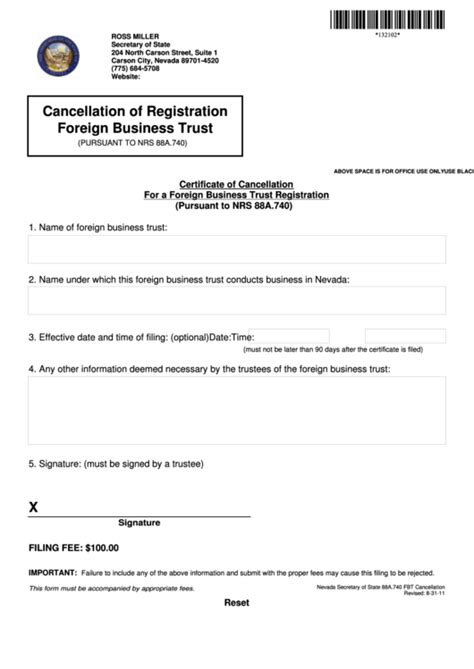 Fillable Certificate Of Cancellation For A Foreign Business Trust