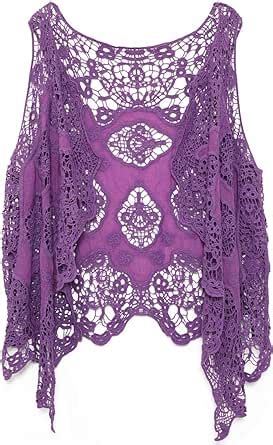 Jastie Open Stitch Cardigan Boho Hippie Crochet Vest Purple At Amazon