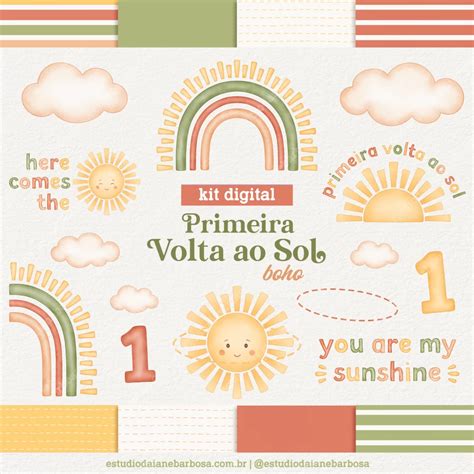 Kit Digital Primeira Volta Ao Sol Boho Cliparts Em Aquarela