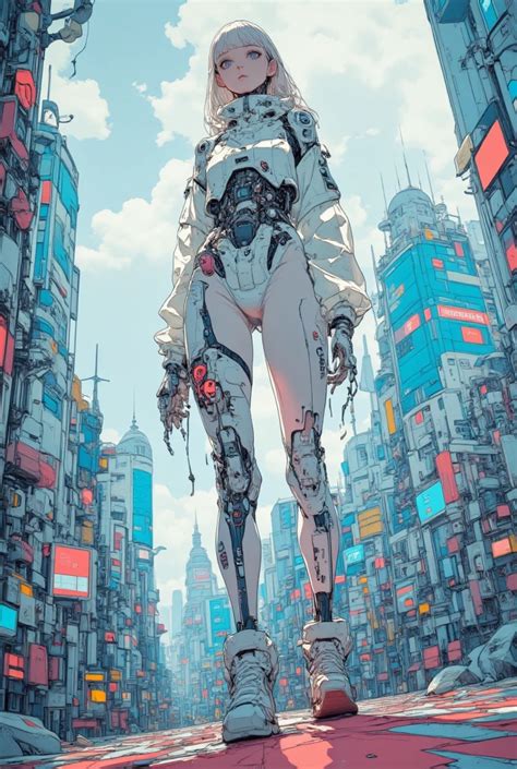 Cyborg Girl Naked Machine Standing On A Fence On The Roof Of A