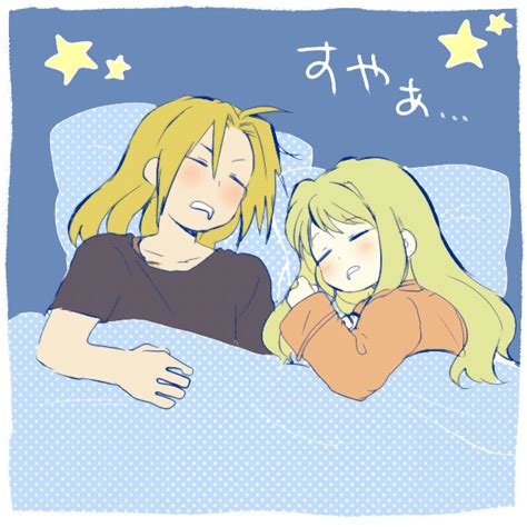 Safebooru 1boy 1girl Bed Bed Sheet Black Shirt Blonde Hair Blush Border Clenched Hand Closed