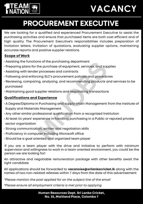 Procurement Executive Sri Lanka Cricket Vacancies 2023