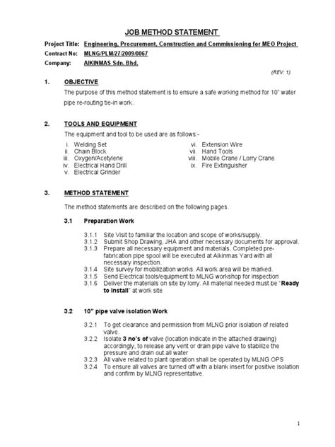 Job Method Statement For Pipe Re Routing Work Pdf Pipe Fluid