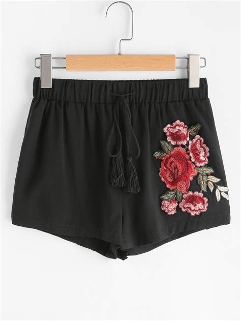 Rose Applique Tasseled Drawstring Shortsfor Women Romwe Drawstring