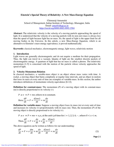 Pdf Einstein S Special Theory Of Relativity A New Mass Energy Equation