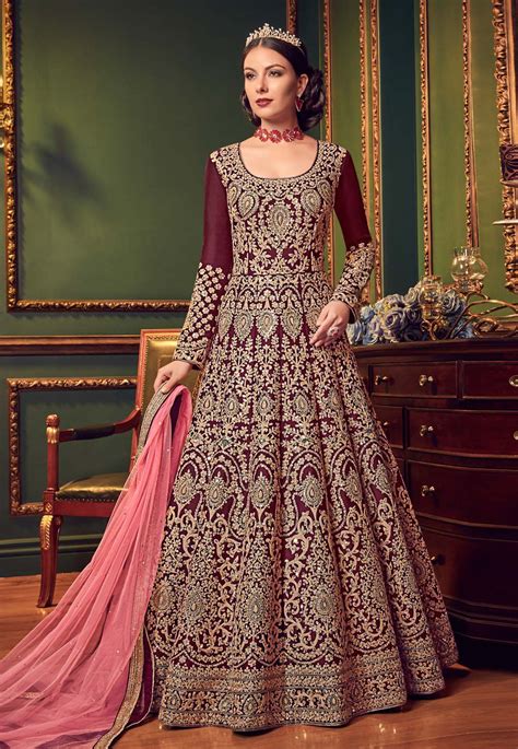 Buy Wine Color Silk Indian Wedding Anarkali In Uk Usa And Canada