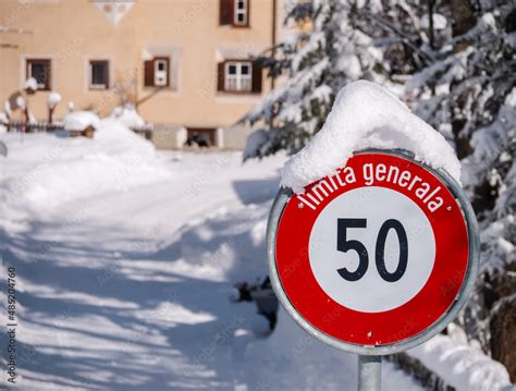 Cinuos Chel Switzerland February Snow Covered Road Sign For