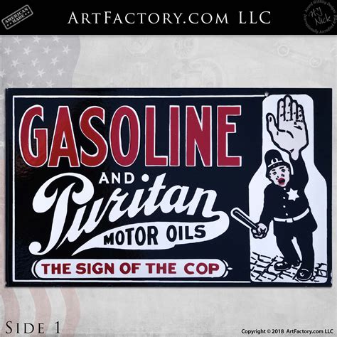 Vintage Puritan Porcelain Flange Gasoline Oils The Sign Of The Cop