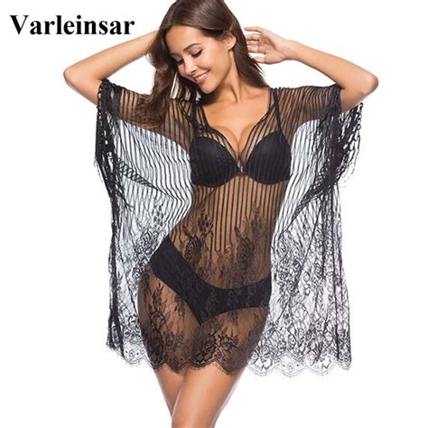 Buy 2018 New Sexy Black White Sheer Mesh Knitting Tunic Beach Cover Up Cover