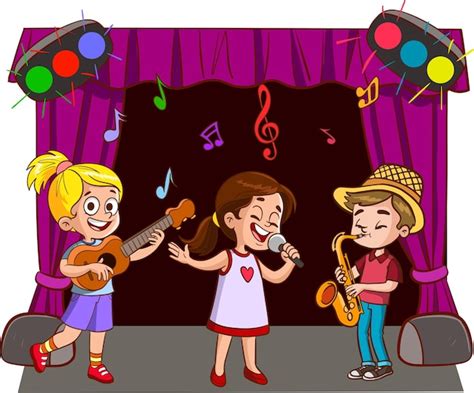 Una caricatura de niños cantando frente a un escenario con una banda