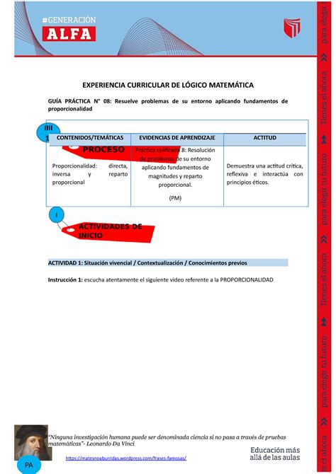 Gu A Pr Ctica Proporcionalidad Iiii I Actividades De Proceso