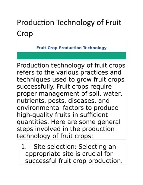 Production Technology for Fruit and plantation crop - Production ...