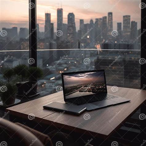 modern laptop  wooden desk  city skyline view stock illustration