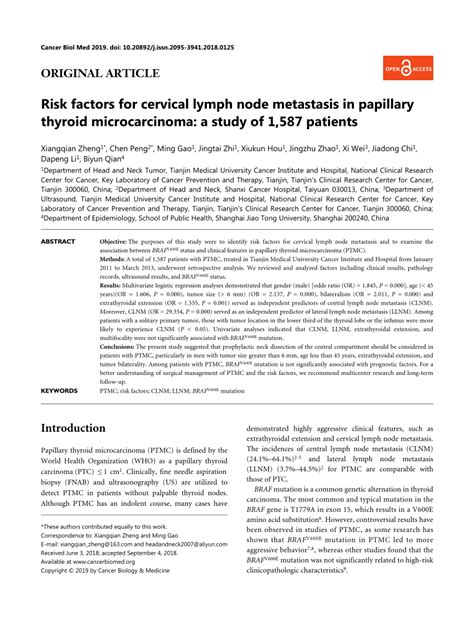 Pdf Risk Factors For Cervical Lymph Node Metastasis In Papillary Thyroid Microcarcinoma A