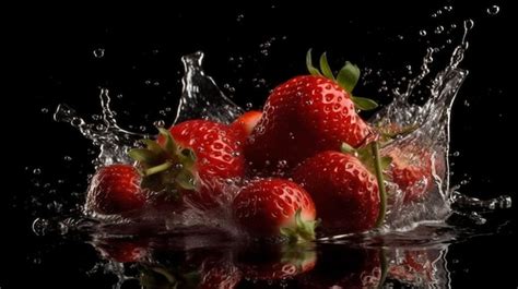 Fresas Cayendo Al Agua Con Salpicaduras Y Ondas Sobre Fondo Negro