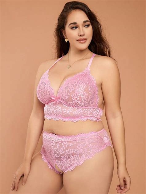 Classic Sexy Plus Floral Lace Scallop Trim Lingerie Set SHEIN USA