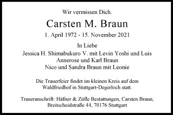 Traueranzeigen Von Carsten Braun Stuttgart Gedenkt De